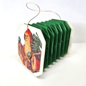 VINTAGE Green Paper Old World Santa Claus Accordion Style Christmas Ornament